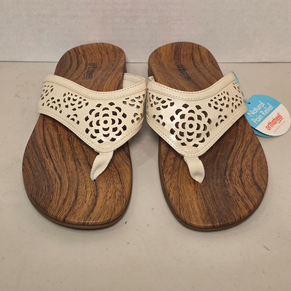 Orthaheel Tropez Thong Sandal Women's Size 9 Cream Laser Cut Floral Summer Beach